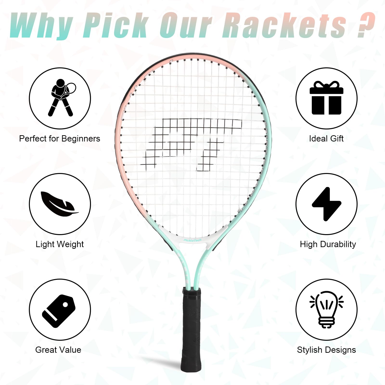 PickleTech Kids Tennis Racket - Lightweight & Durable, 17-25 inch